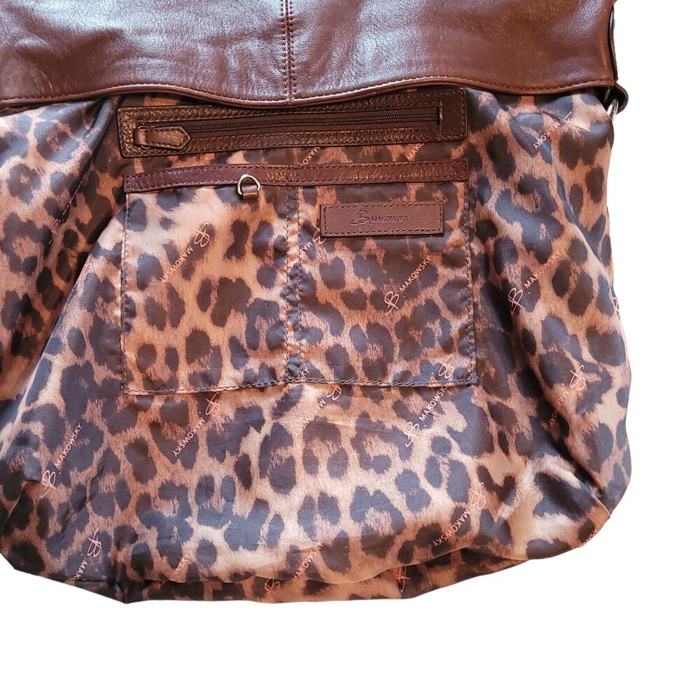 B Makowsky Brown Tan Pebbled Leather Leopard Print Lining Zip Handbag Purse Bag - Picture 8 of 11